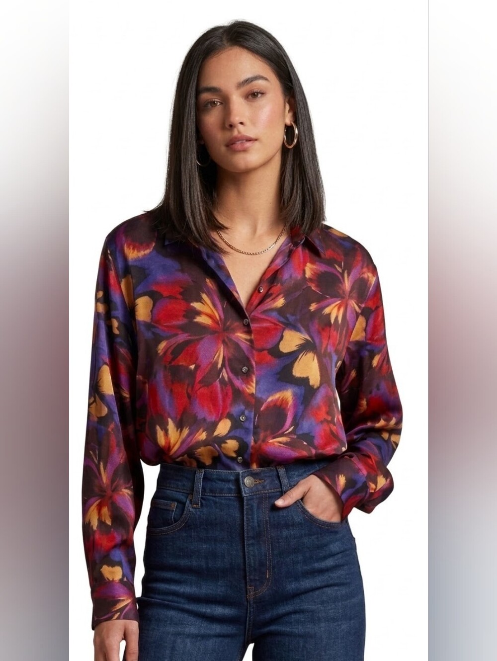 Johnny Was Silk Floral Eclipse Blooms Multicolor Button Top Large